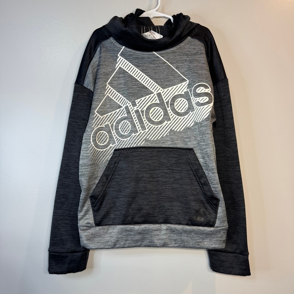 Adidas Gray Black Hoodie Pullover‎ Logo Pocket Sweatshirt Youth 10/12